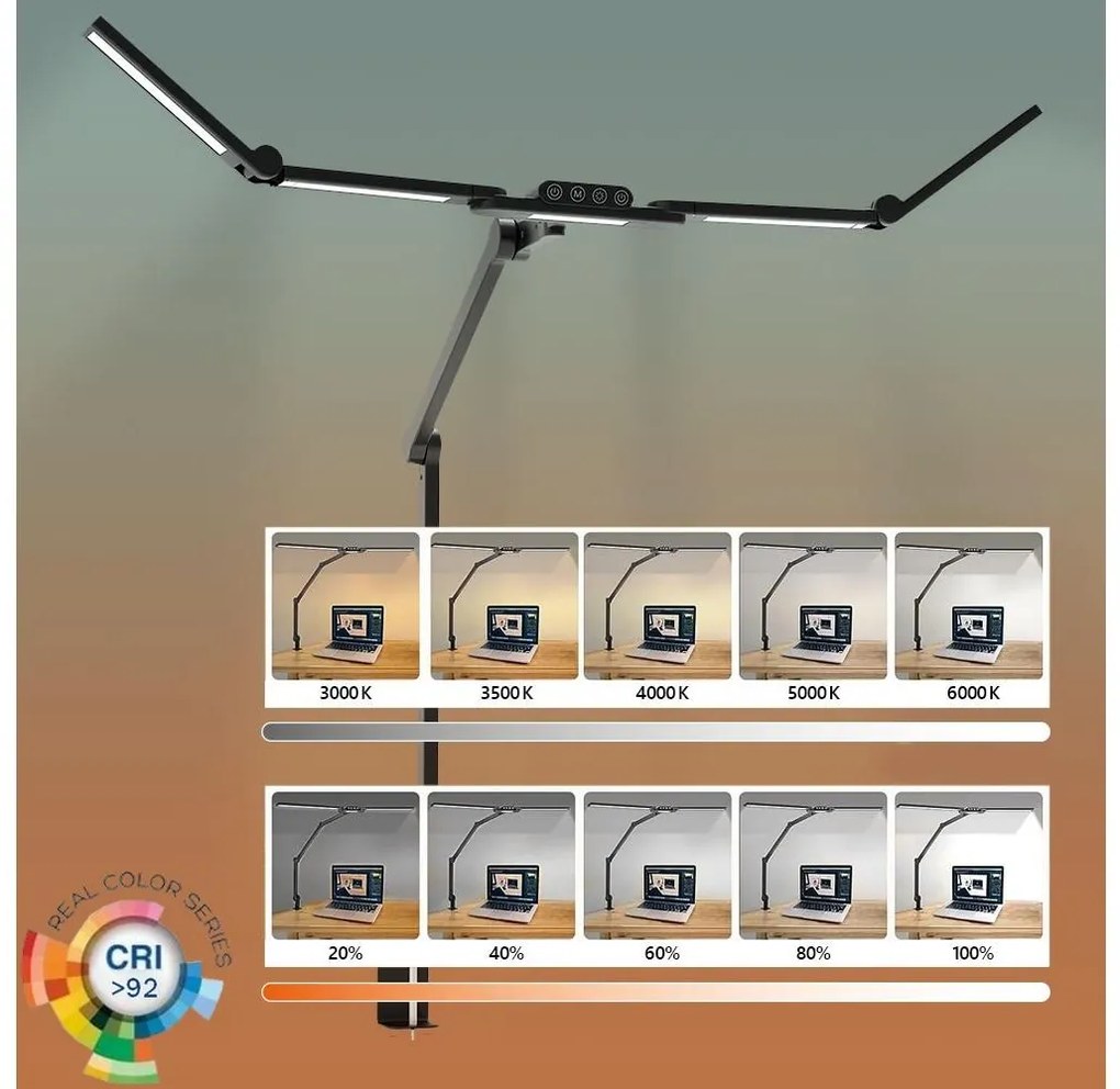 Lampă LED flexibilă birou, dimabilă, 24W, 230V, 3000-6500K, CRI 92, negru