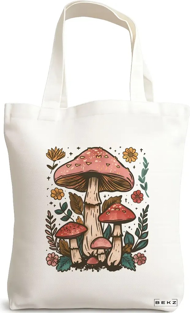 Sacosa de Panza pentru Cumparaturi, Geanta Tote Colorful Mushrooms 2, 38x34.5 cm, Alba, BEKZ®