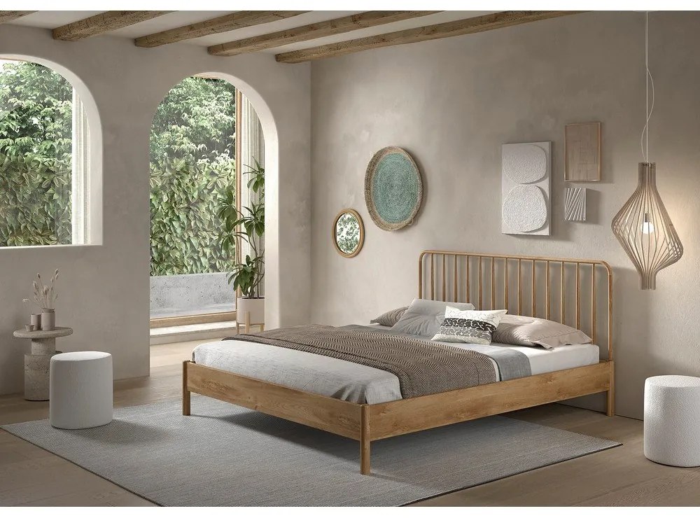 Pat matrimonial în culoare naturală din lemn de stejar fără somieră 180x200 cm Olive Spindle – Vipack