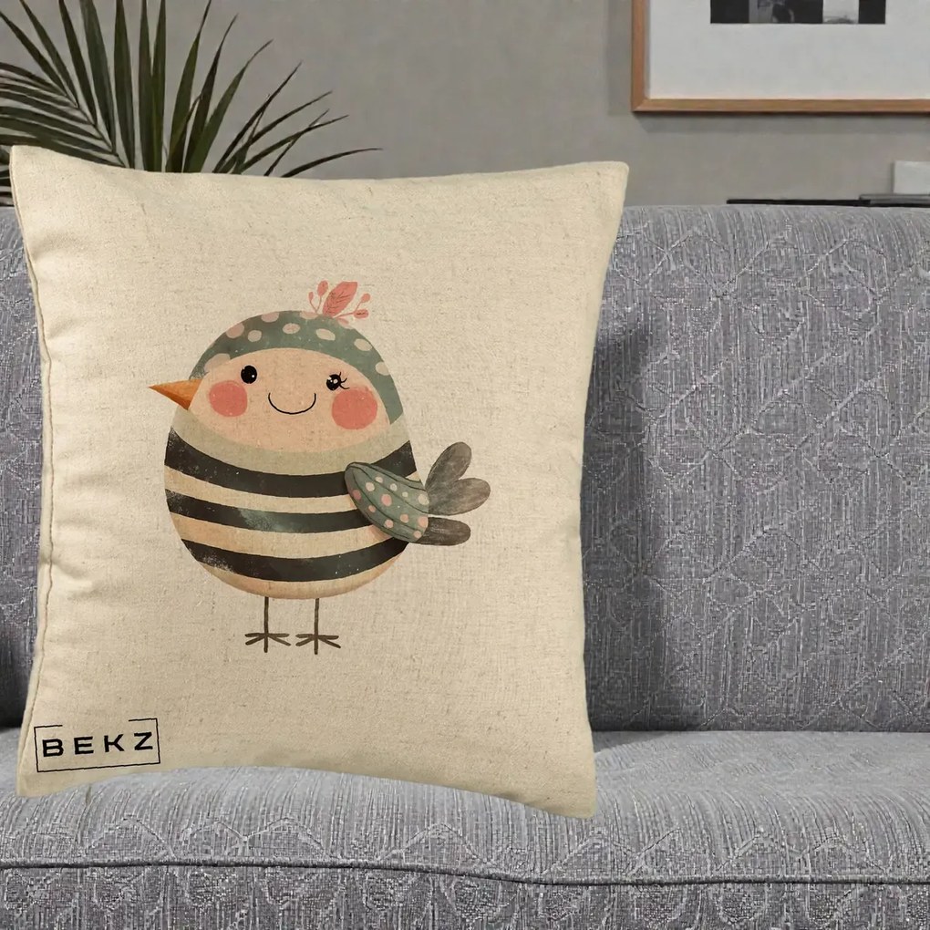 Perna Decorativa Pui Kawaii Teal cu Flori, 40x40 cm, Bej, Husa Detasabila, Perna Inclusa, BEKZ®