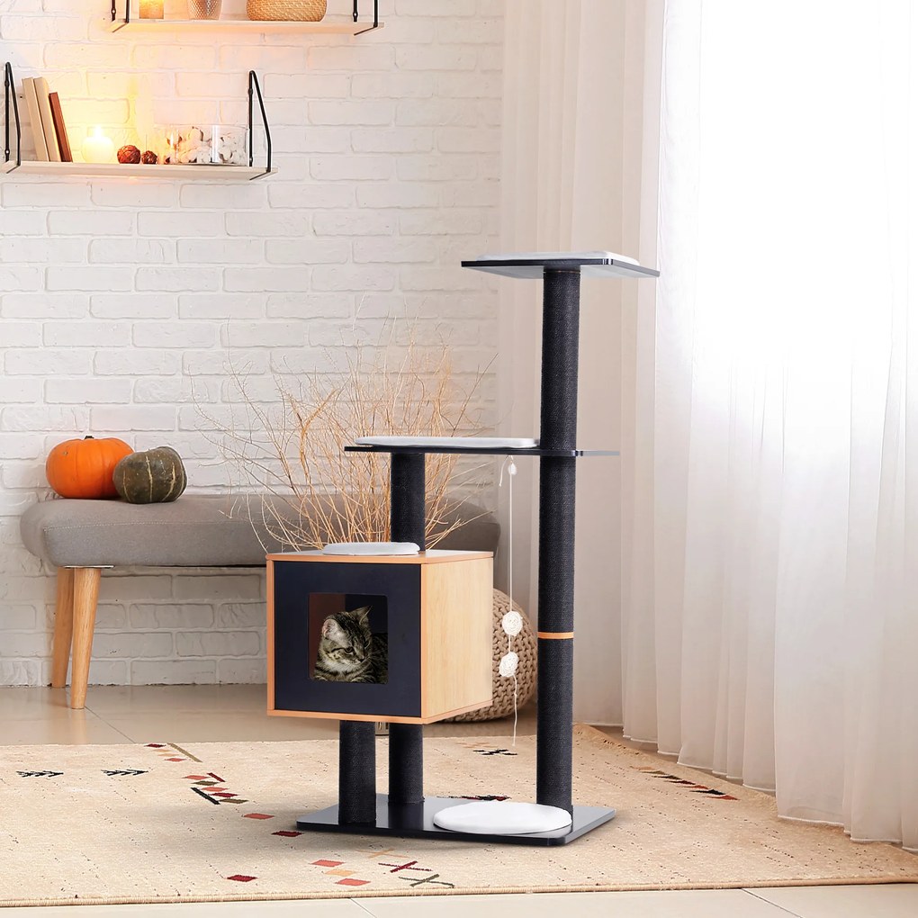 PawHut Pom de pisici design contemporan zgarieturi pe scara din sisal natural cu activitati in centru, platforme pentru joaca, bile suspendate 71,5L x 49,5l x 120H cm MDF negru stejar | Aosom Romania