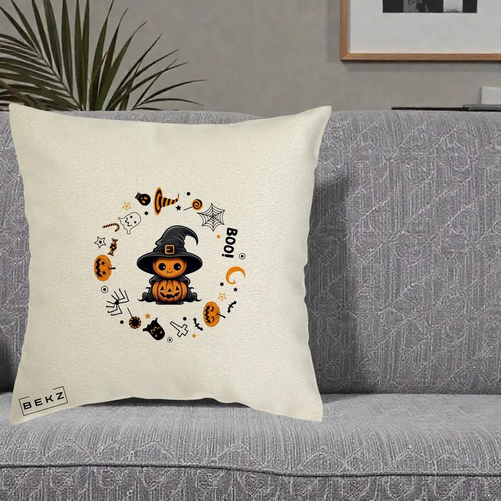 Perna Decorativa Halloween Dovleac Vrajitor Boo cu Simboluri, 40x40 cm, Ecru, Husa Detasabila, Perna Inclusa, BEKZ®