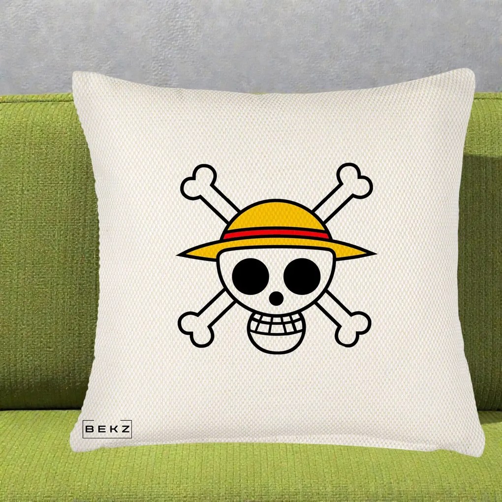 Perna Personalizata One Piece Jolly Roger Straw Hat Pirates, 40x40 cm, Crem Reliefat, Husa Detasabila, Perna Inclusa, BEKZ®