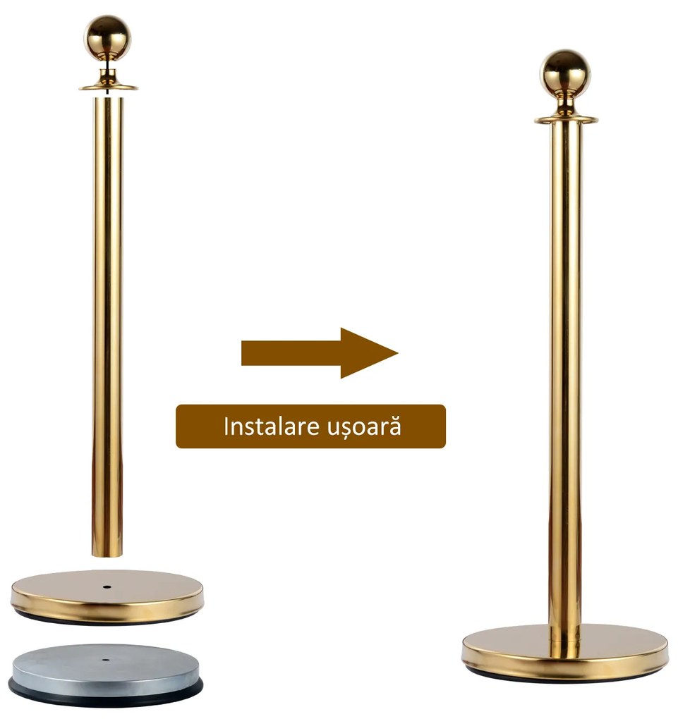 Separator de coloane format din 2 stalpi din otel inoxidabil si un cablu de flanela Ф32x95cm auriu, rosu HOMCOM | Aosom Romania