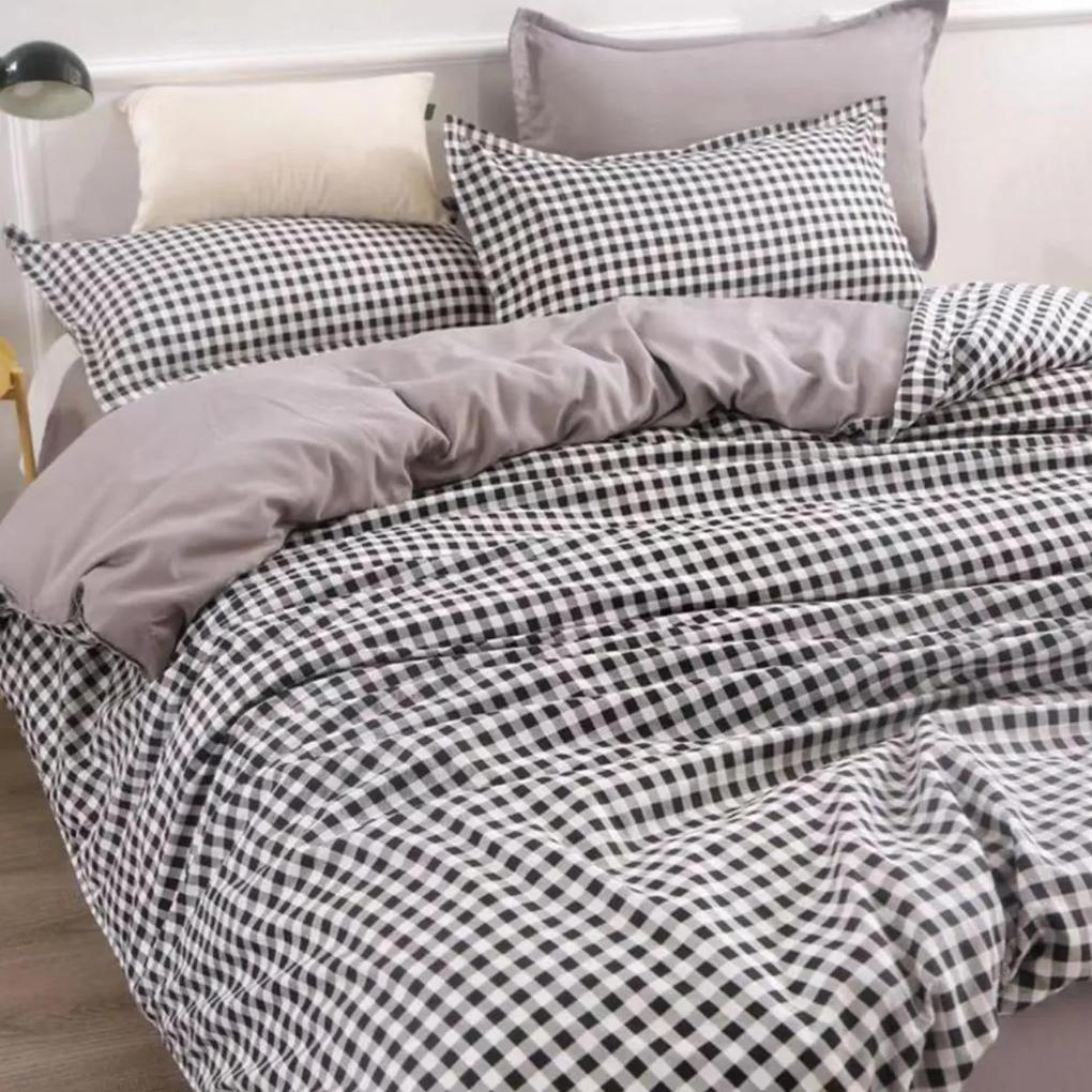 Lenjerie de pat cu 2 fete, policoton, pat 2 persoane, 4 piese, alb / negru, R4-558