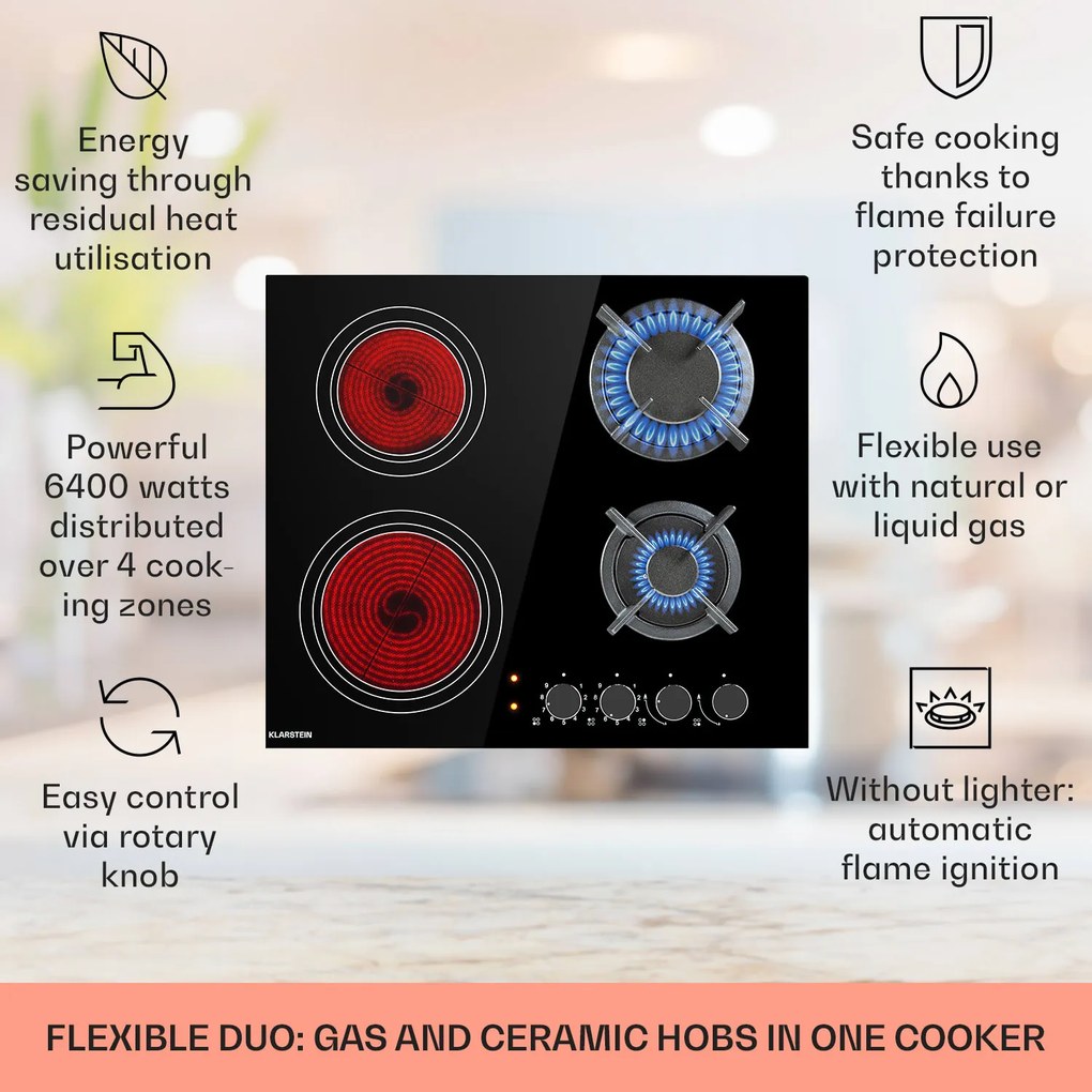 Klarstein MultiChef 4, plită cu gaz combinată, gaz / sticlă ceramică, 4 zone