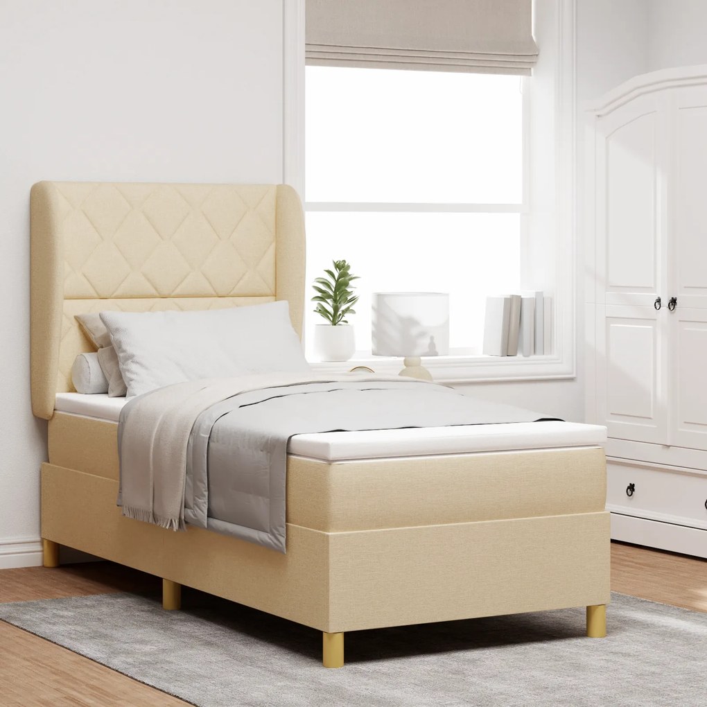 vidaXL Pat box spring cu saltea, crem, 90x200 cm, textil