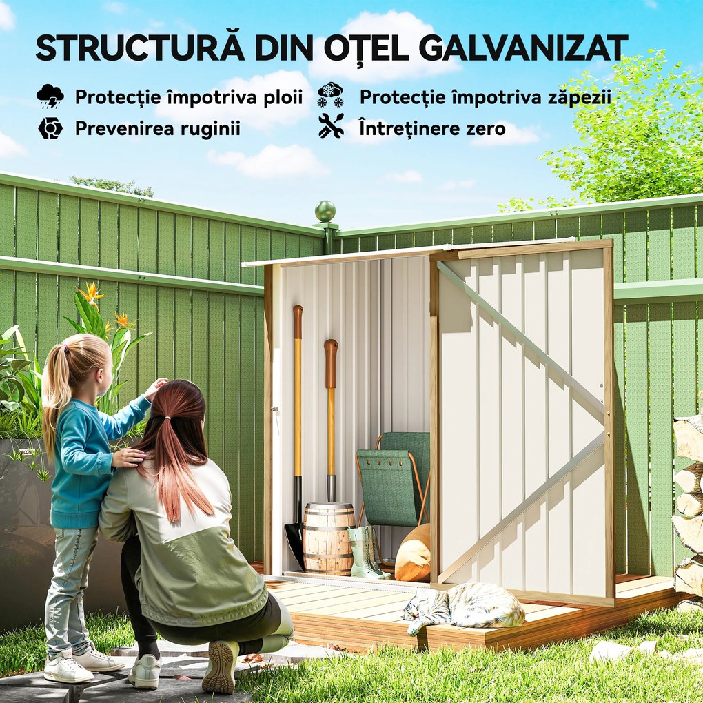 Outsunny Căsuță de Grădină 0.92m² din Oțel Galvanizat, Depozit pentru Unelte cu Ușă Blocabilă, Acoperiș Înclinat, 100x104x160 cm, Maro Deschis cu Aspect de Lemn | Aosom Romania