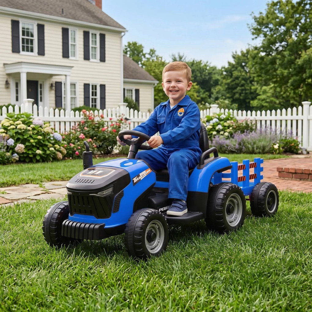 AIYAPLAY 2 în 1 Tractor Electric pentru Copii 3-8 Ani cu Remorcă Detașabilă, Telecomandă, Muzică, Lumini, Albastru | Aosom Romania