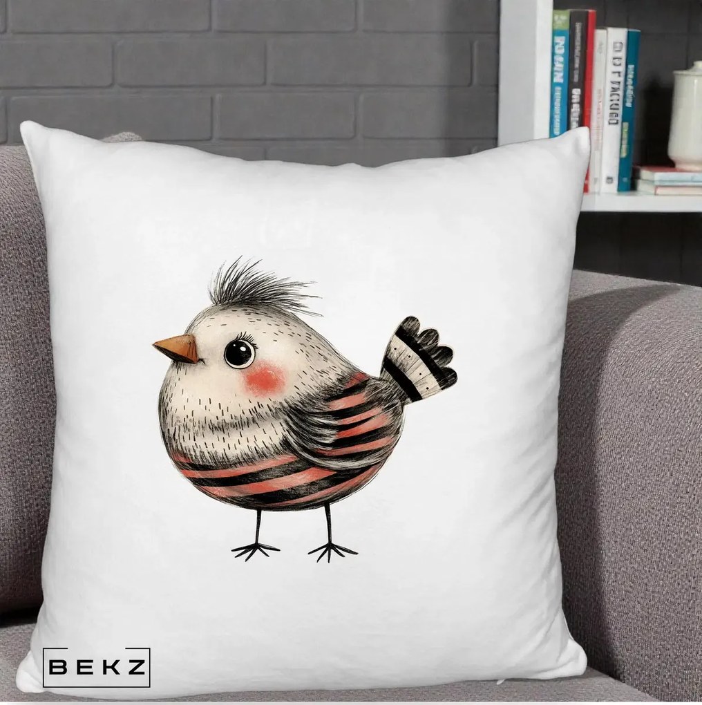 Perna Decorativa Pui Expresiv Dungi Negru-Rosu, 40x40 cm, Alb Pufos, Husa Detasabila, Perna Inclusa, BEKZ®