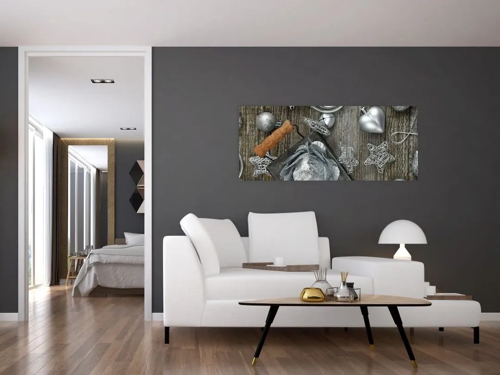 Tablou - decorațiuni argintii de Crăciun (120x50 cm)