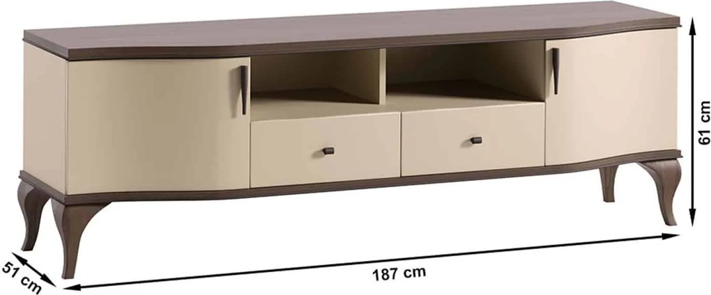 Comodă TV lemn masiv nuc Leona Crem-, 187 × 51 × 61 cm