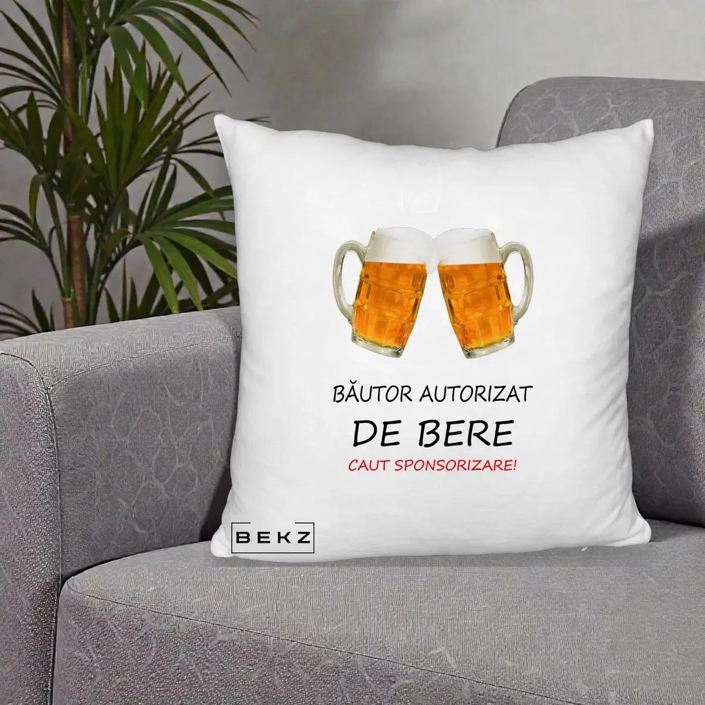 Perna Decorativa Bautor Autorizat de Bere, 40x40 cm, Alb Pufos, Husa Detasabila, Perna Inclusa, BEKZ®