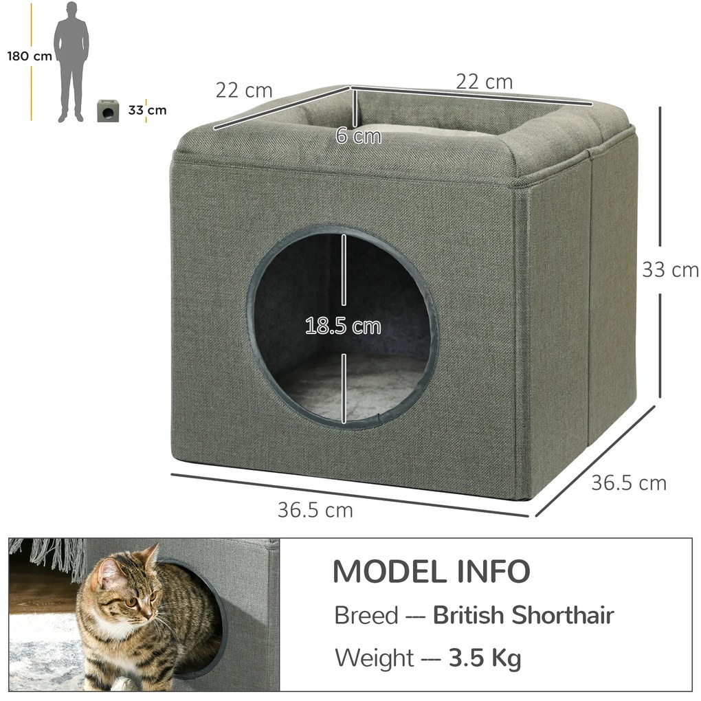 PawHut Căsuță pentru Pisici cu 2 Nivele și Pernă din Pluș, din Lemn, Poliester și Plastic, 36.5x36.5x33 cm, Verde | Aosom Romania