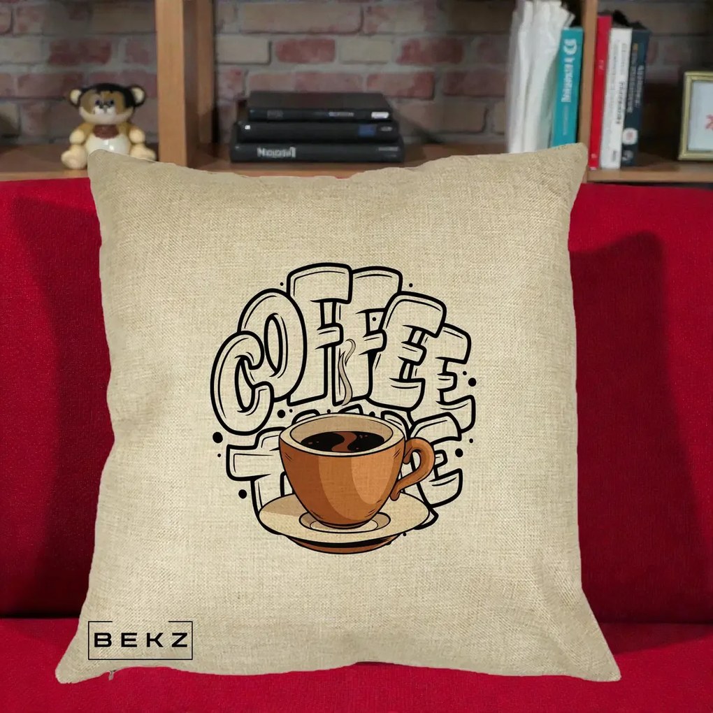 Perna Personalizata COFFEE cu Cana, 40x40 cm, Crem, Husa Detasabila, Perna Inclusa, BEKZ®