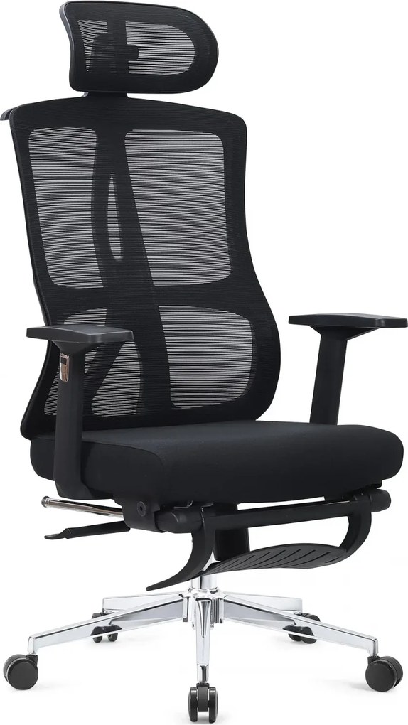 RESIGILAT- Scaun ergonomic, spatar Mesh, sezut textil, tetiera reglabila inaltime, suport picioare, baza metalica, inaltime reglabila, Negru