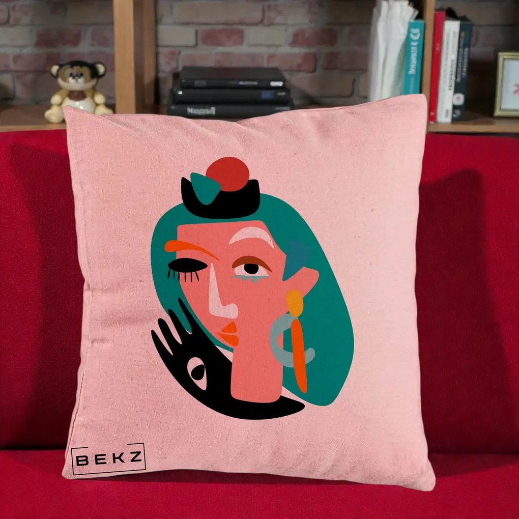 Perna Decorativa Portret Abstract Matisse Turcoaz, 40x40 cm, Roz, Husa Detasabila, Perna Inclusa, BEKZ®