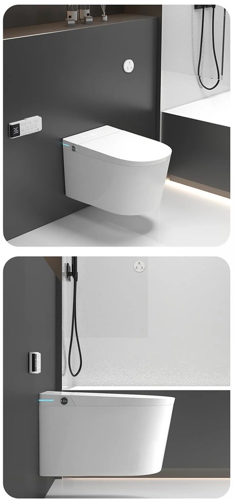 Smart WC 302 – Vas de Toaletă Inteligent cu Bideu, Sterilizare UV, Deschidere/Închidere automată, Senzor picior, Control inteligent al Temperaturii, Uscare aer cald, Iluminare de noapte, Afișaj LED, Telecomandă, Ceramică, Alb