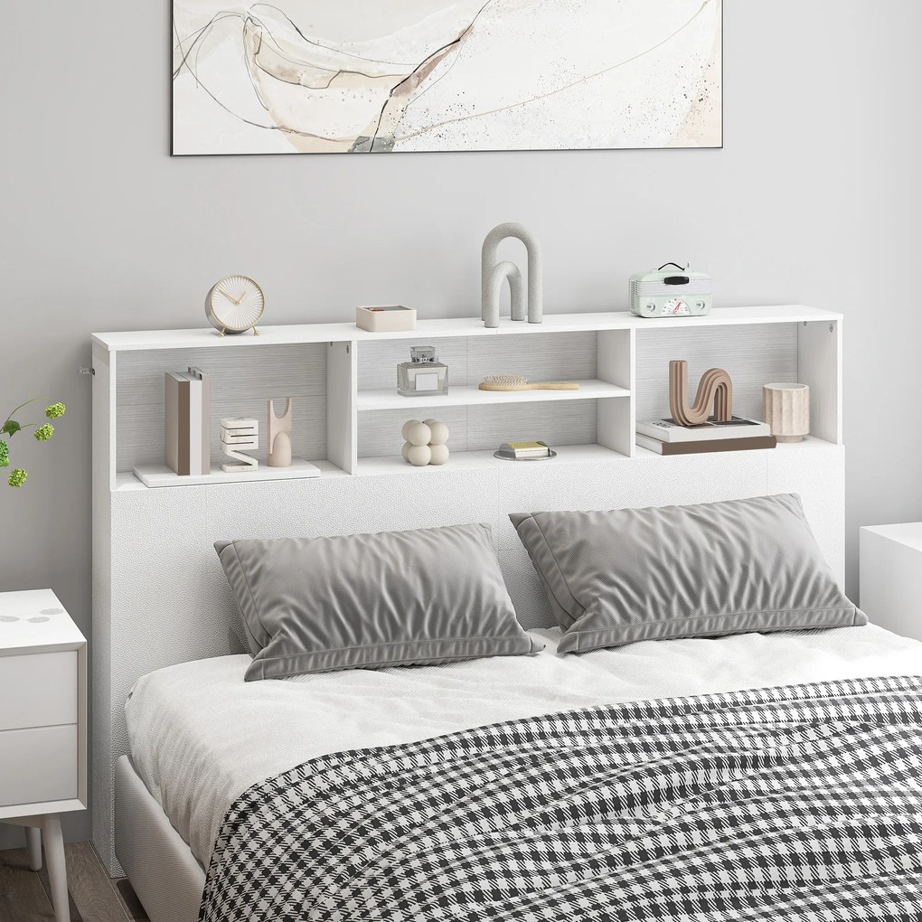 HOMCOM Tăblie pe picioare cu depozitare, accesoriu de pat 4 compartimente deschise, 160 x 20,2 x 108,2 cm, alb | Aosom Romania