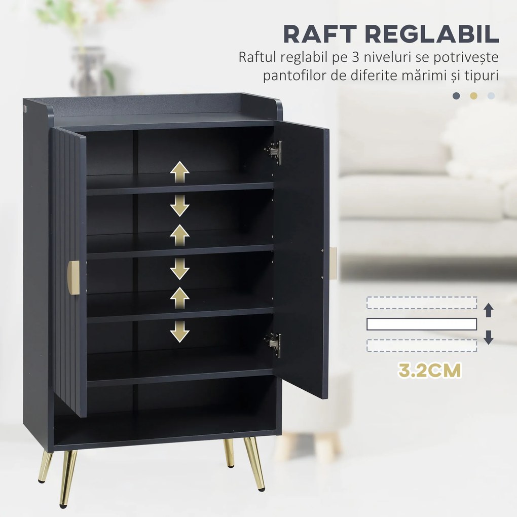 HOMCOM Dulap de pantofi modern cu 4 niveluri, cu 2 usi si rafturi reglabile pentru pana la 15 pantofi, din PAL si otel, 60x33x100 cm, gri si auriu | Aosom Romania