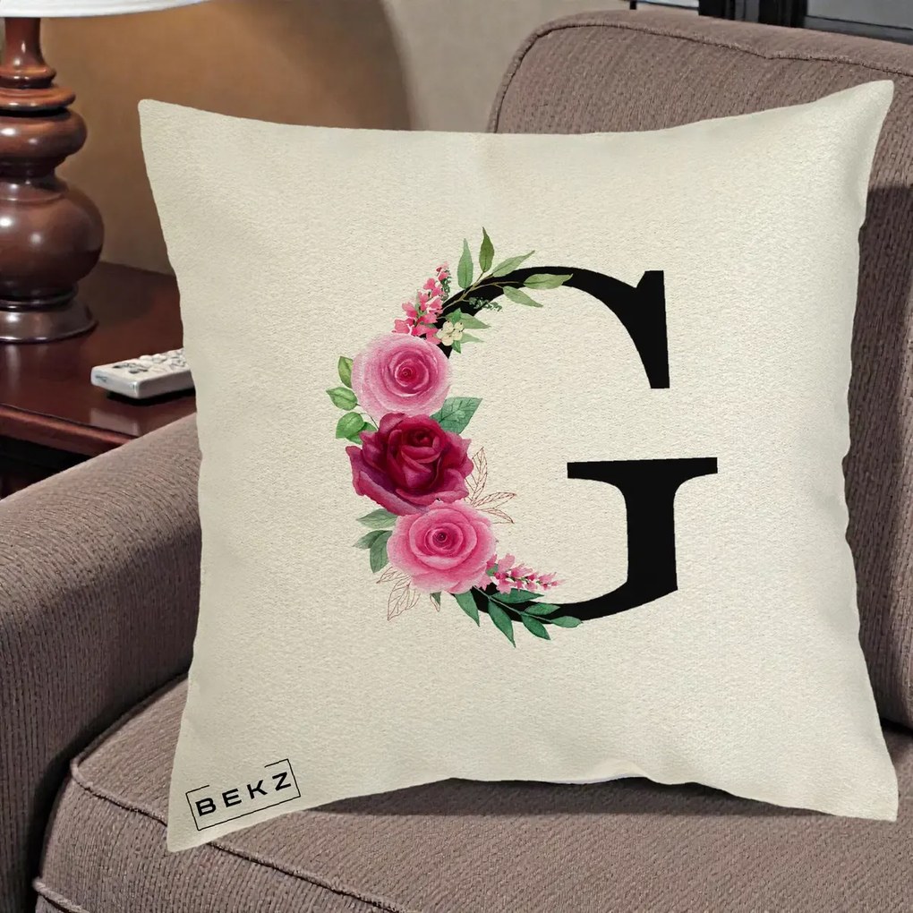 Cadou Personalizat - Perna Personalizata Monograma Florala Litera G, 40x40 cm, Ecru, Husa Detasabila, Perna Inclusa, BEKZ®