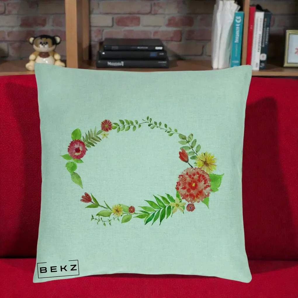 Perna Decorativa Coroana Florala Acuarela, 40x40 cm, Verde Menta, Husa Detasabila, Perna Inclusa, BEKZ®