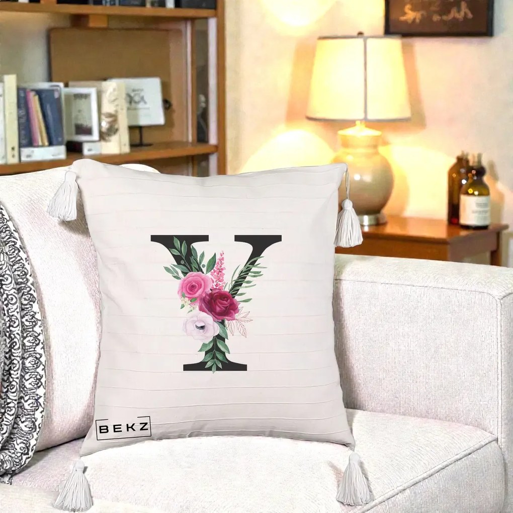 Cadou Personalizat - Perna Personalizata Monograma Florala Litera Y cu Buchet, 40x40 cm, Bej cu Franjuri, Husa Detasabila, Perna Inclusa, BEKZ®