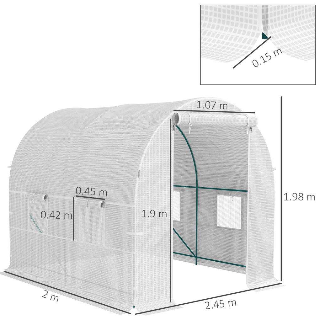 Outsunny Seră de Grădină Tip Tunel cu Cadru din Oțel și 4 Ferestre în PE 2.5x2x2m, Alb | Aosom Romania