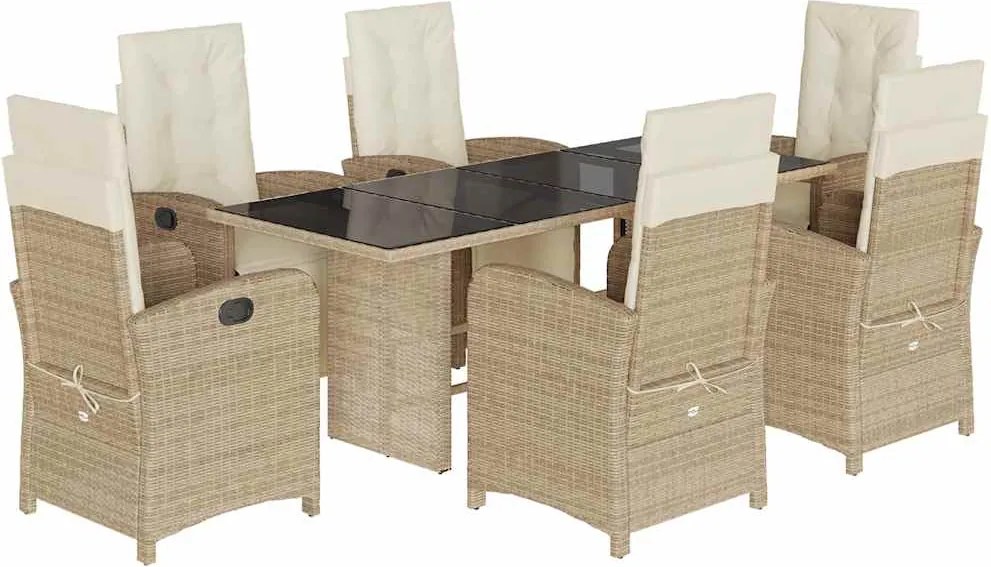 vidaXL Set de masă pentru grădină, 7 piese, cu perne, bej, poliratan