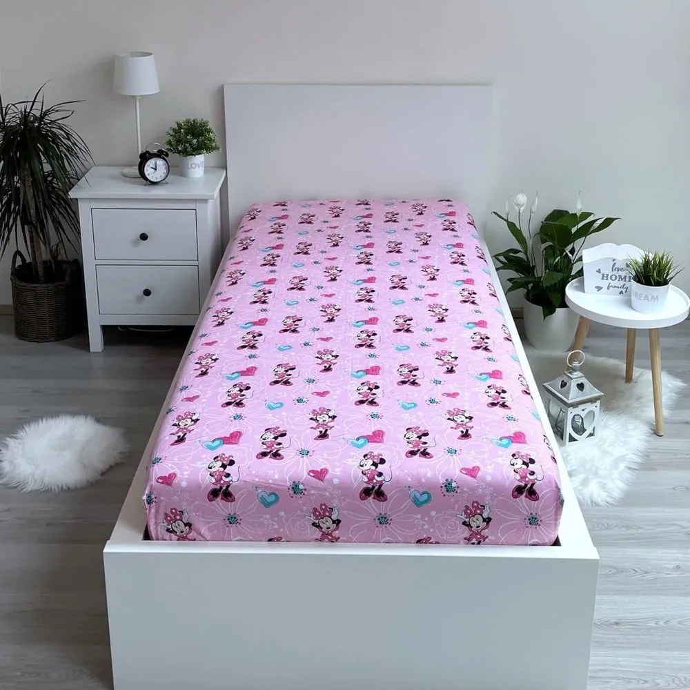Cearceaf pentru copii roz din bumbac cu elastic 90x200 cm Minnie "Flowers" – Jerry Fabrics