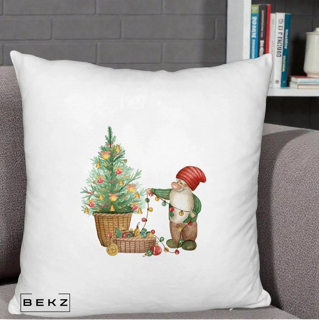 Perna Decorativa Pitic de Craciun cu Brad, 40x40 cm, Alb Pufos, Husa Detasabila, Perna Inclusa, BEKZ®
