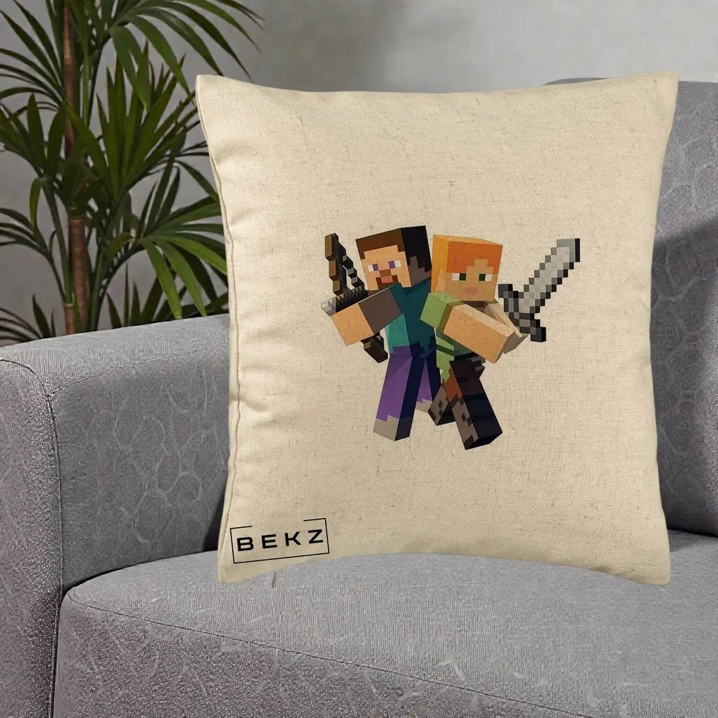 Perna Personalizata Minecraft Steve si Alex, 40x40 cm, Bej, Husa Detasabila, Perna Inclusa, BEKZ®