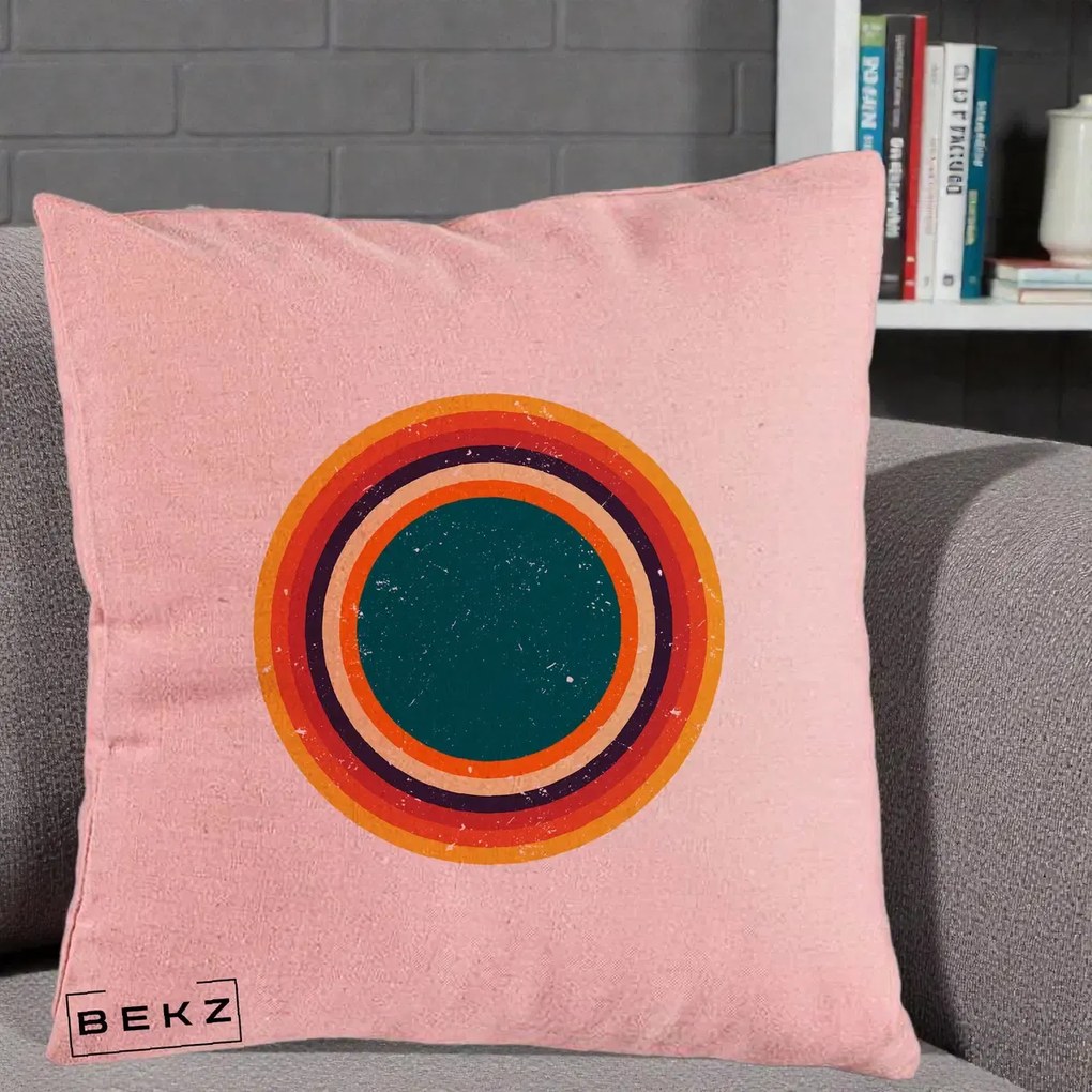 Perna Decorativa Retro Cerc Concentric Geometric Vintage, 40x40 cm, Roz, Husa Detasabila, Perna Inclusa, BEKZ®