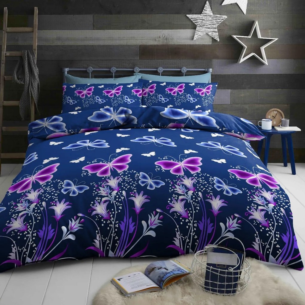 Lenjerie de pat din bumbac VIOLET BUTTERFLY albastru inchis, 100% bumbac Dimensiune lenjerie de pat: 2 buc 70 x 90 cm | 200 x 220 cm