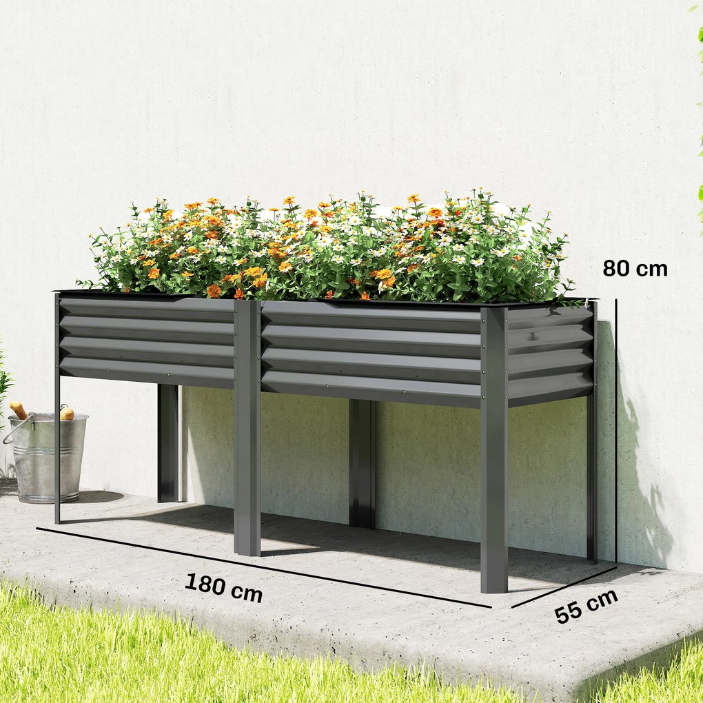 Outsunny Pat de grădină înălțat din metal, cutie de plantare extra mare cu traverse de întărire și insert din material nețesut, 180 x 55 x 80 cm, gri închis | Aosom Romania