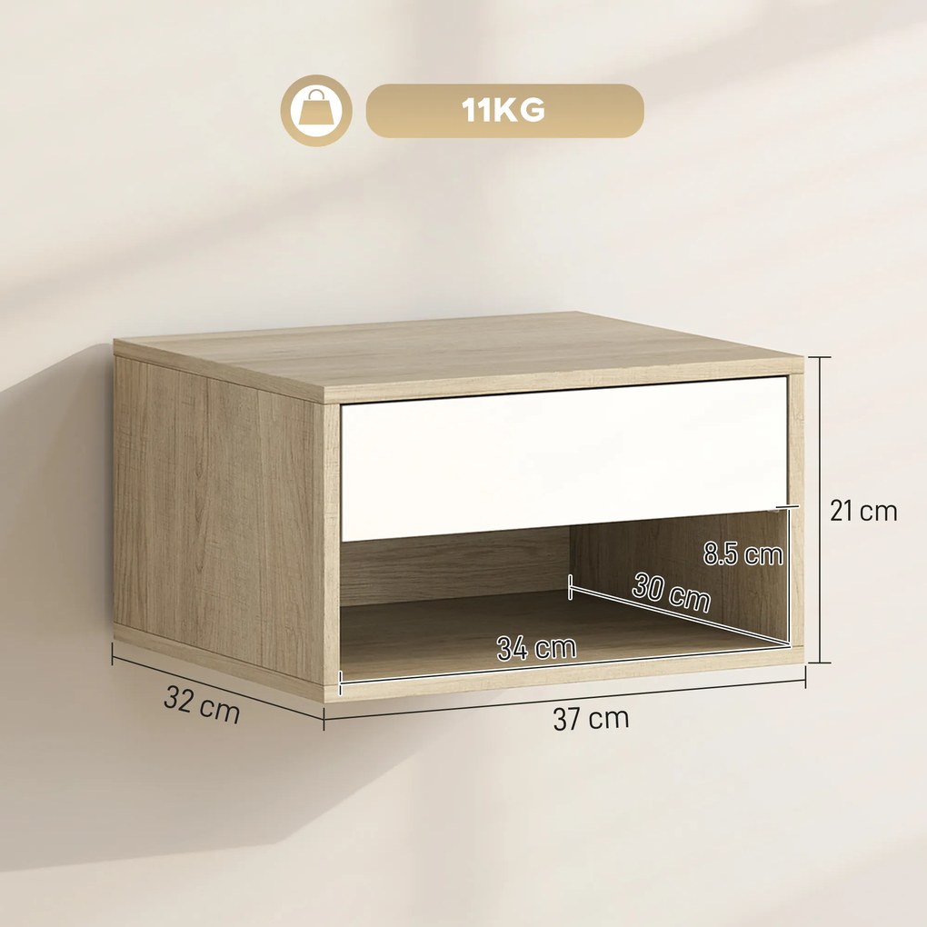 HOMCOM Set de 2 noptiere montate pe perete, noptiere, sertar, compartiment deschis, blat, 37 x 32 x 21 cm, lemn natural | Aosom Romania