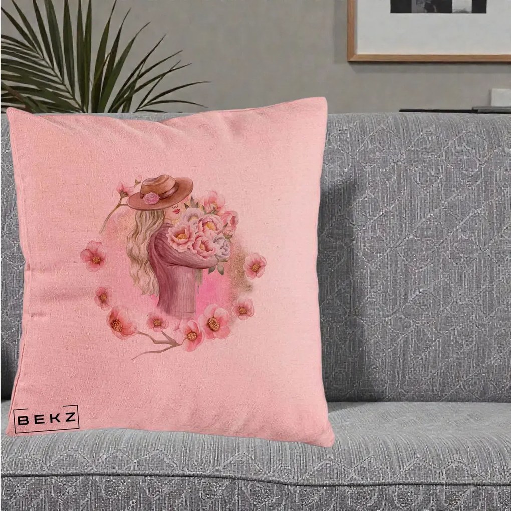 Perna Decorativa Femeie cu Flori Roz Acuarela, 40x40 cm, Roz, Husa Detasabila, Perna Inclusa, BEKZ®