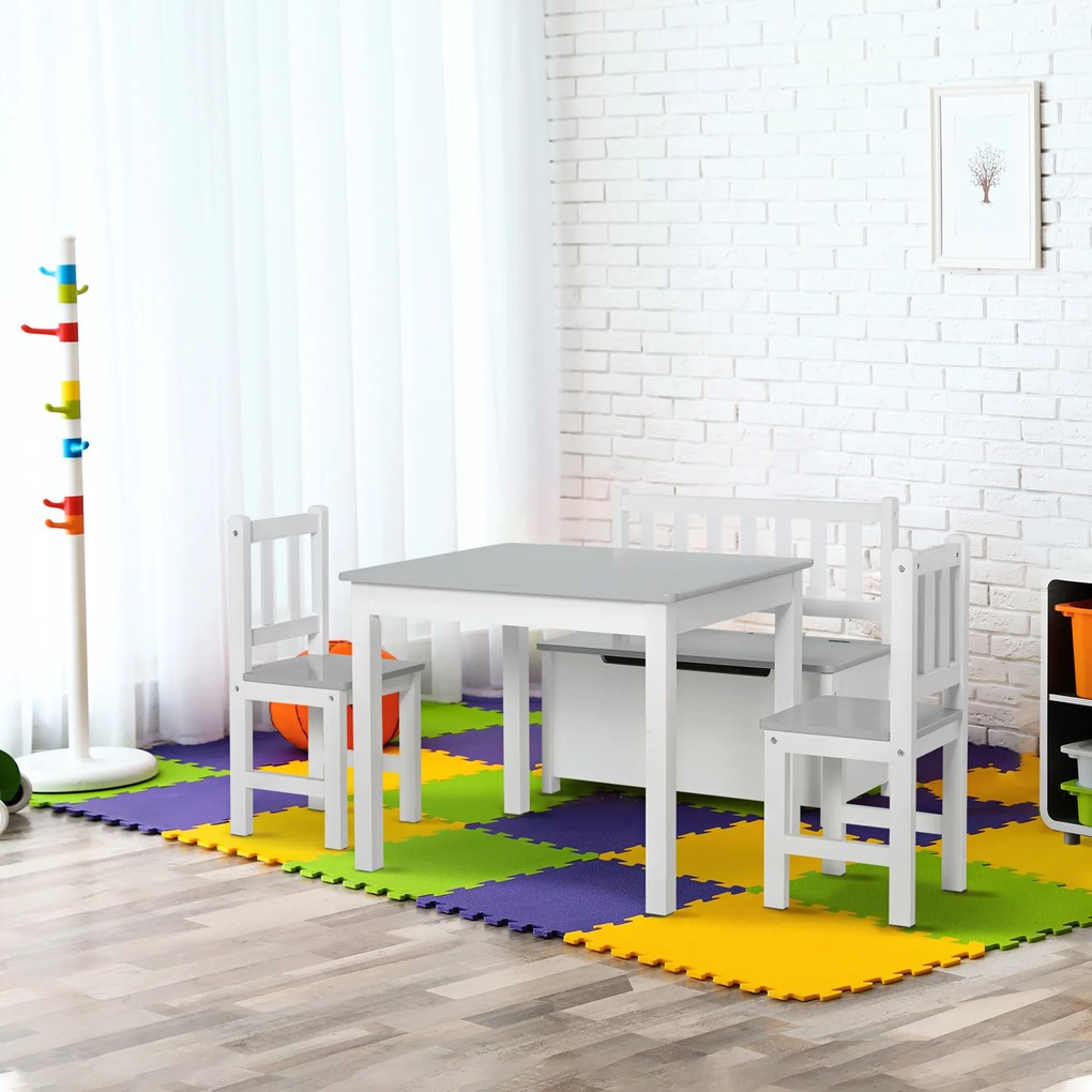 HOMCOM Set Mobilier pentru Copii 4 Piese, Masă, 2 Scaune, Bancă Depozitare, Lemn Multifuncțional, Alb și Gri | Aosom Romania