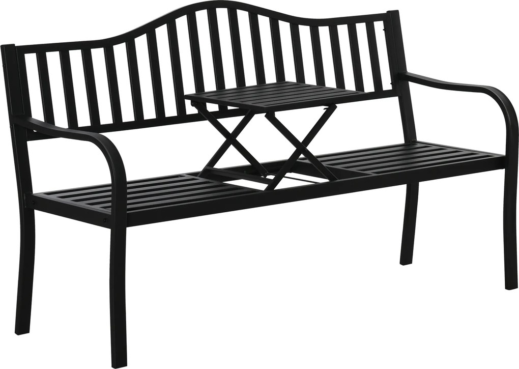 Bancă de Grădină Outsunny din Metal cu Măsuță Centrală Retractabilă, Bancă Loveseat pentru Terasă cu Șezut și Spătar cu Șipci, pentru 2–3 Persoane, Neagră | Aosom Romania