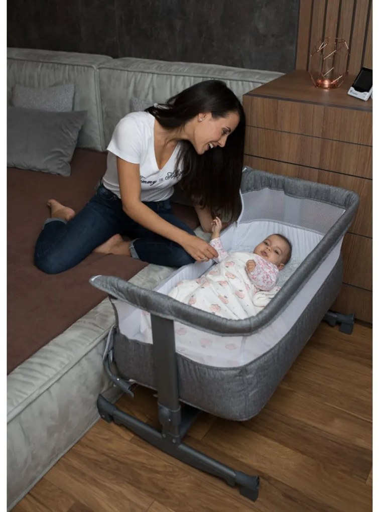 Patut copii transformabil in balansoar bebe NOVOKIDS™ Babies , Design modern, Co-Sleeper , Dimensiuni 90X55X80 cm, 5 trepte de inaltime, Saltea