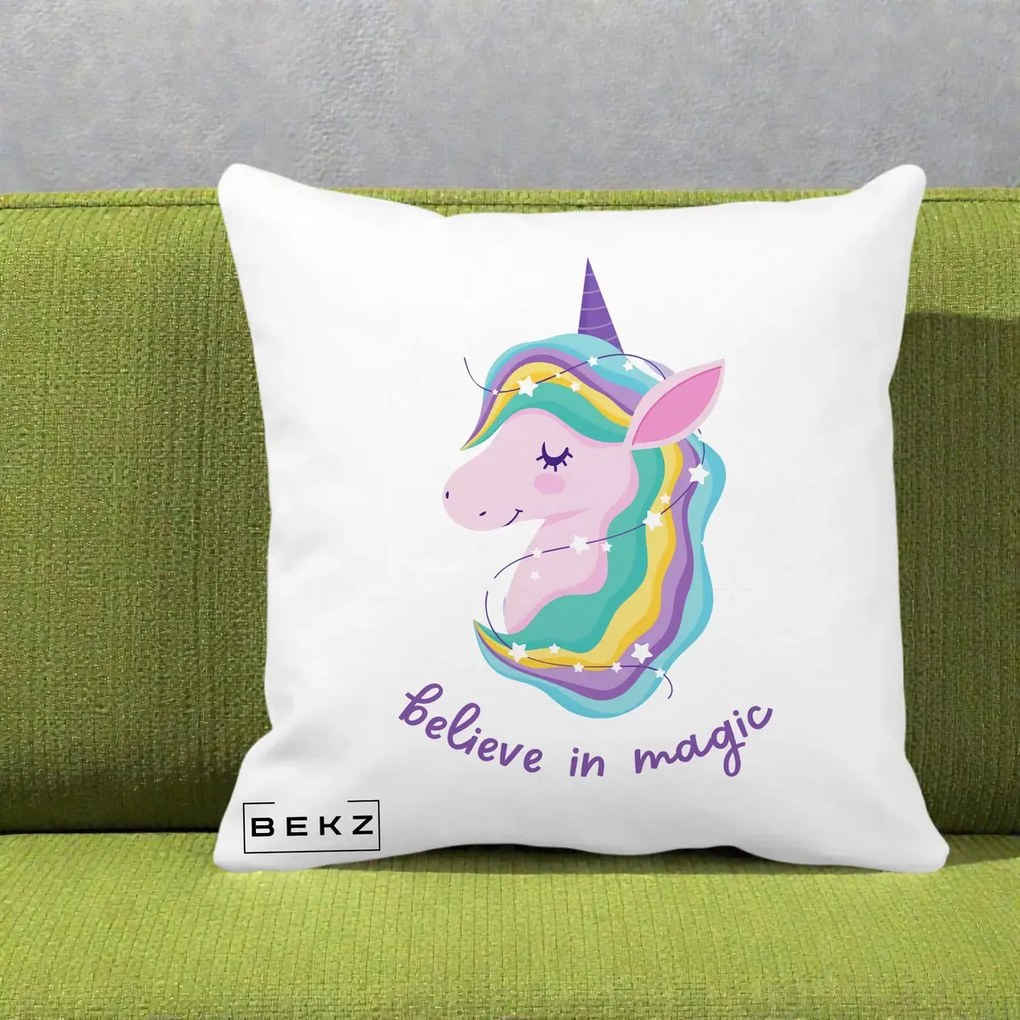 Perna Decorativa Unicorn Believe in Magic, 40x40 cm, Alba Mata, Husa Detasabila, Perna Inclusa, BEKZ®