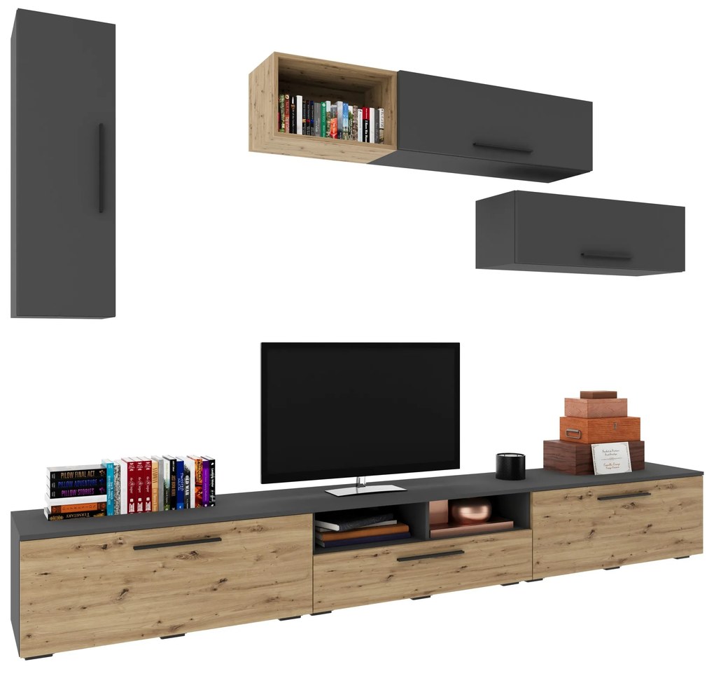 Living Kos V19, Antracit/Stejar Artisan, L 285 cm