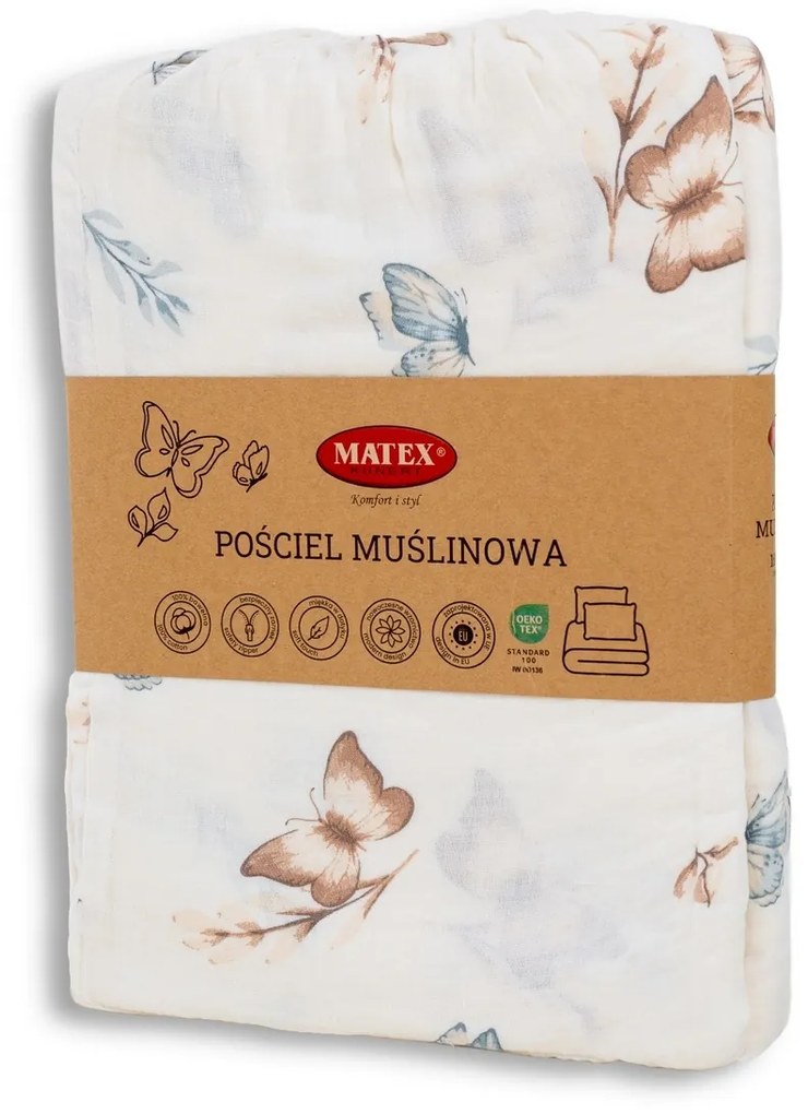 Lenjerie de pat din muselină Matex Fluturi, 140 x 200 cm, 70 x 90 cm