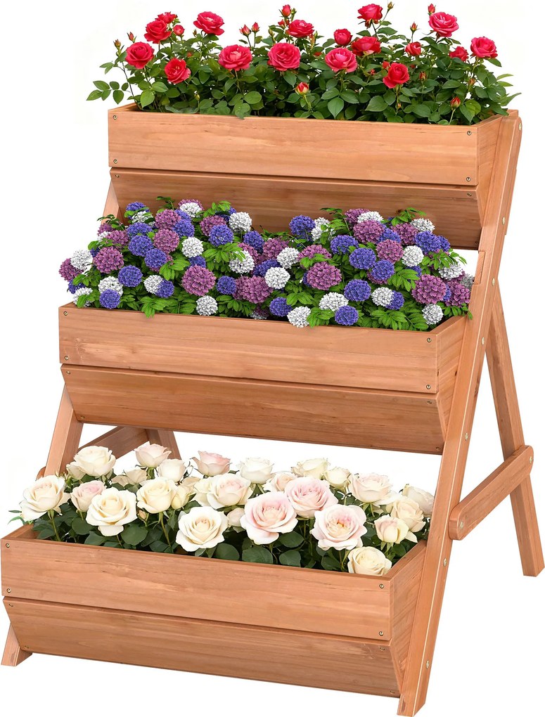 Outsunny Jardiniere verticală cu 3 niveluri din lemn, 3 cutii de plantare cu orificii de scurgere Maro | Aosom Romania