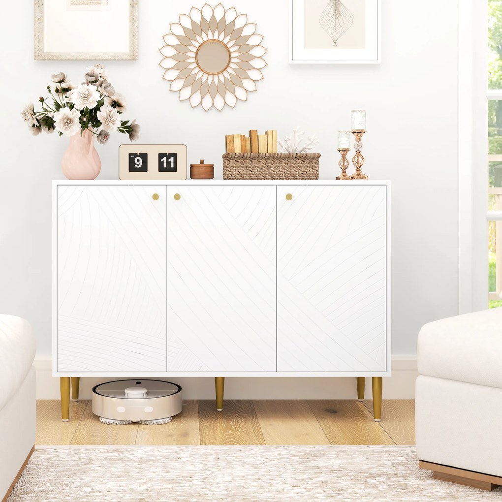 HOMCOM Bufet mobilier de depozitare cu 2 dulapuri, 3 uși rafturi reglabile picioare aurii din oțel 107 x 35 x 77 cm alb | Aosom Romania