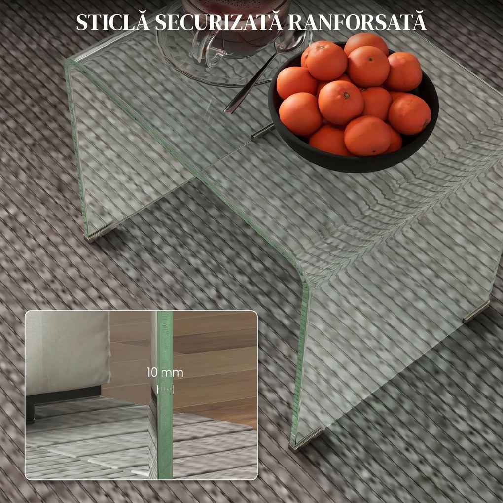 HOMCOM Măsuță de Cafea Modernă cu Picioare Antiderapante, Măsuță din Sticlă Securizată, 50x40x45 cm, Transparentă, Design Elegant | Aosom Romania