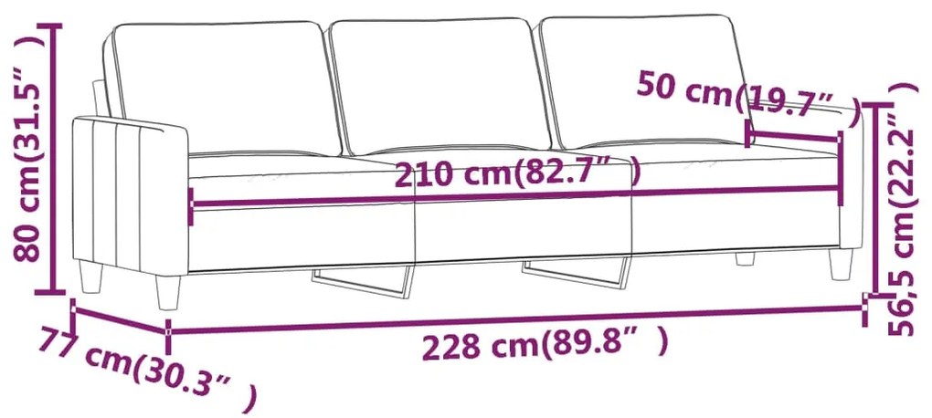 Canapea cu 3 locuri, gri deschis, 210 cm, material catifea Gri deschis, 228 x 77 x 80 cm