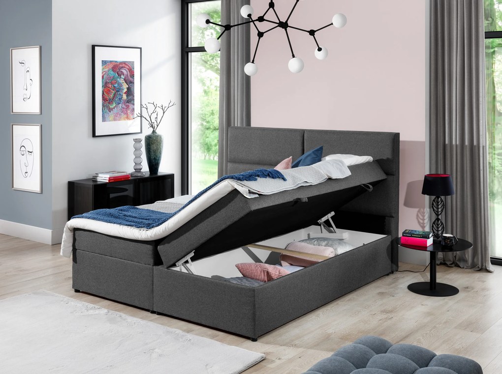 Pat matrimonial Boxspring 160 cm Amebra (gri deschis) (cu saltele și sp. depozitare). 1025389