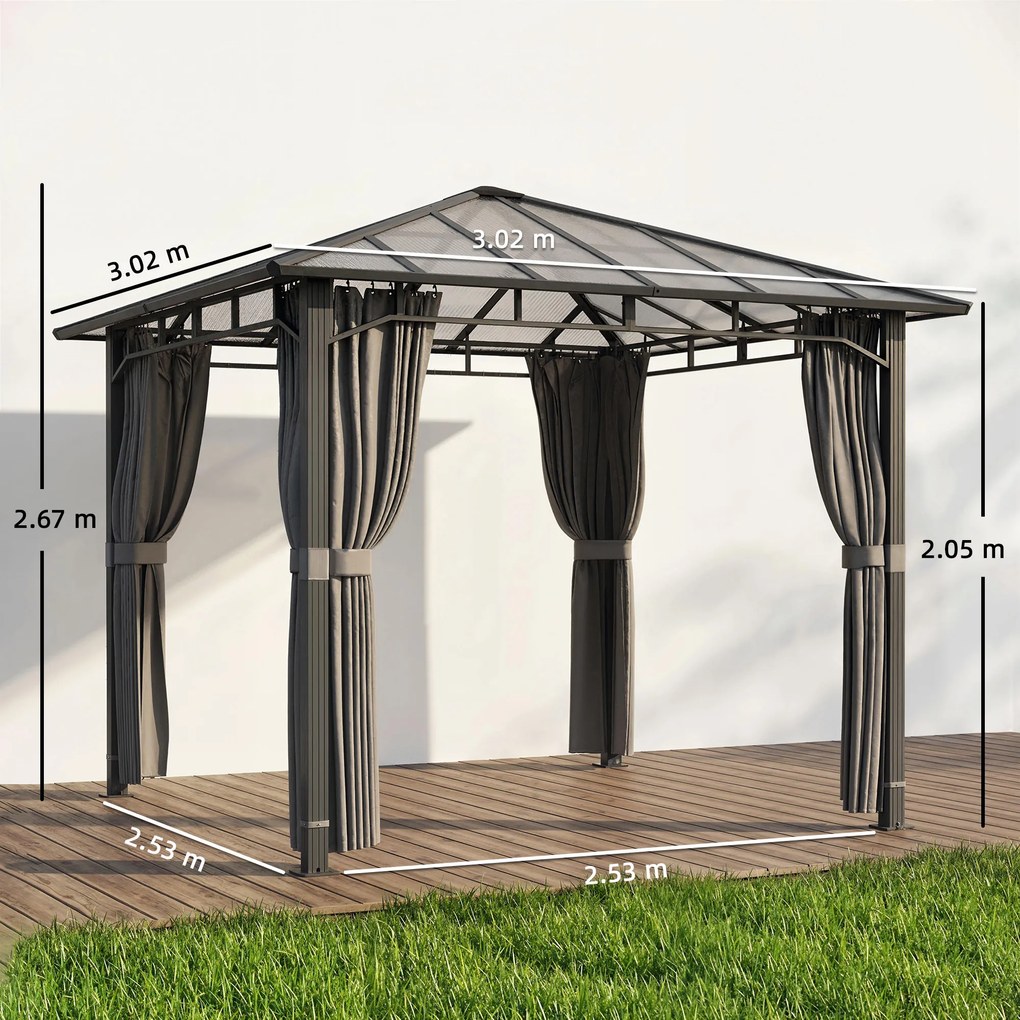 Outsunny Pavilion de grădină aprox. 3 x 3 m, pavilion metalic cu acoperiș din policarbonat de 6 mm, 4 părți laterale, UV50+ gri închis | Aosom Romania
