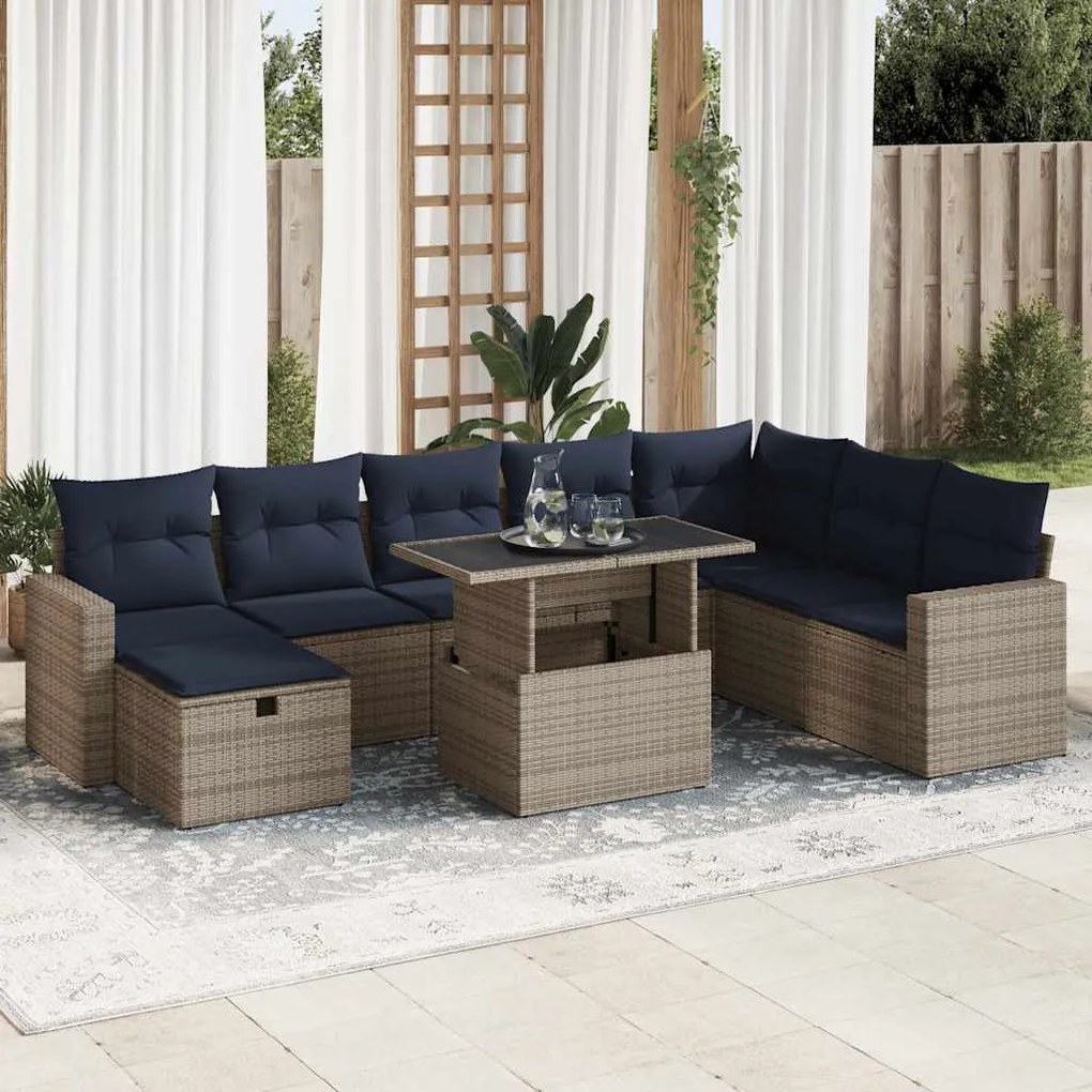 vidaXL Set canapele de grădină cu perne, 9 piese, gri, poliratan